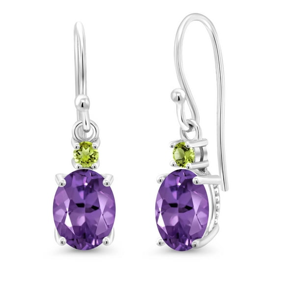 Gem Stone King 10K White Gold Purple Amethyst and Green Peridot Dangle Earrings for Women (2.14 Cttw, Gemstone Birthstone, Oval 8x6mm)