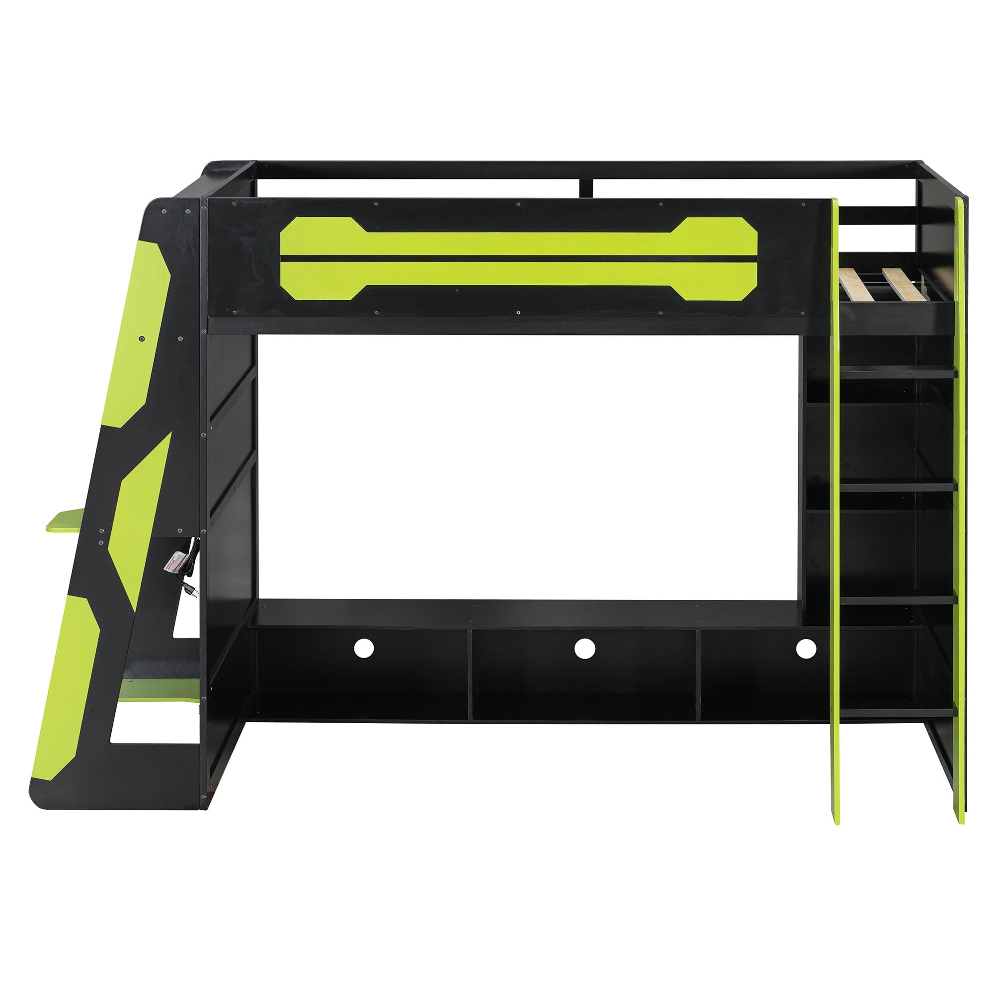 Aukfa Twin Size Gaming Loft Bed for Teens, Wood Esports Bed Frame with Desk, LED Lights, Charging Station & Storage Shelves, Green