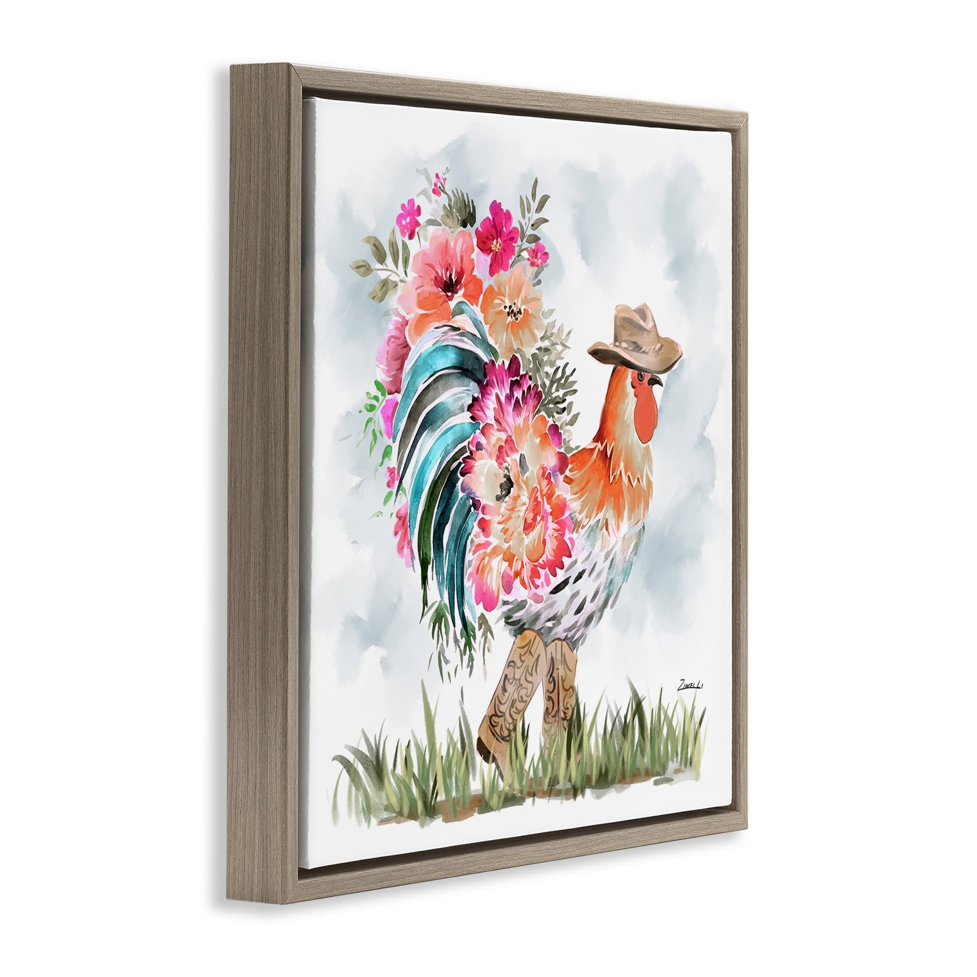 Stupell Industries Blooming Cowgirl Hen Animals & Insects Painting Brown Floater Framed Canvas Art Print Wall Art, 18 x 18