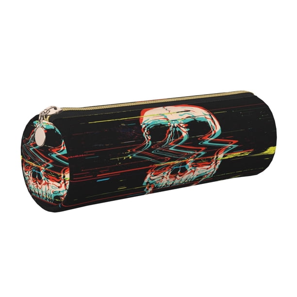 Disketp Glitch Screaming Skull Estuche Organizador de Lápices de Cuero, Estuche de Oficina con Cremallera para Bolígrafo y Lápiz