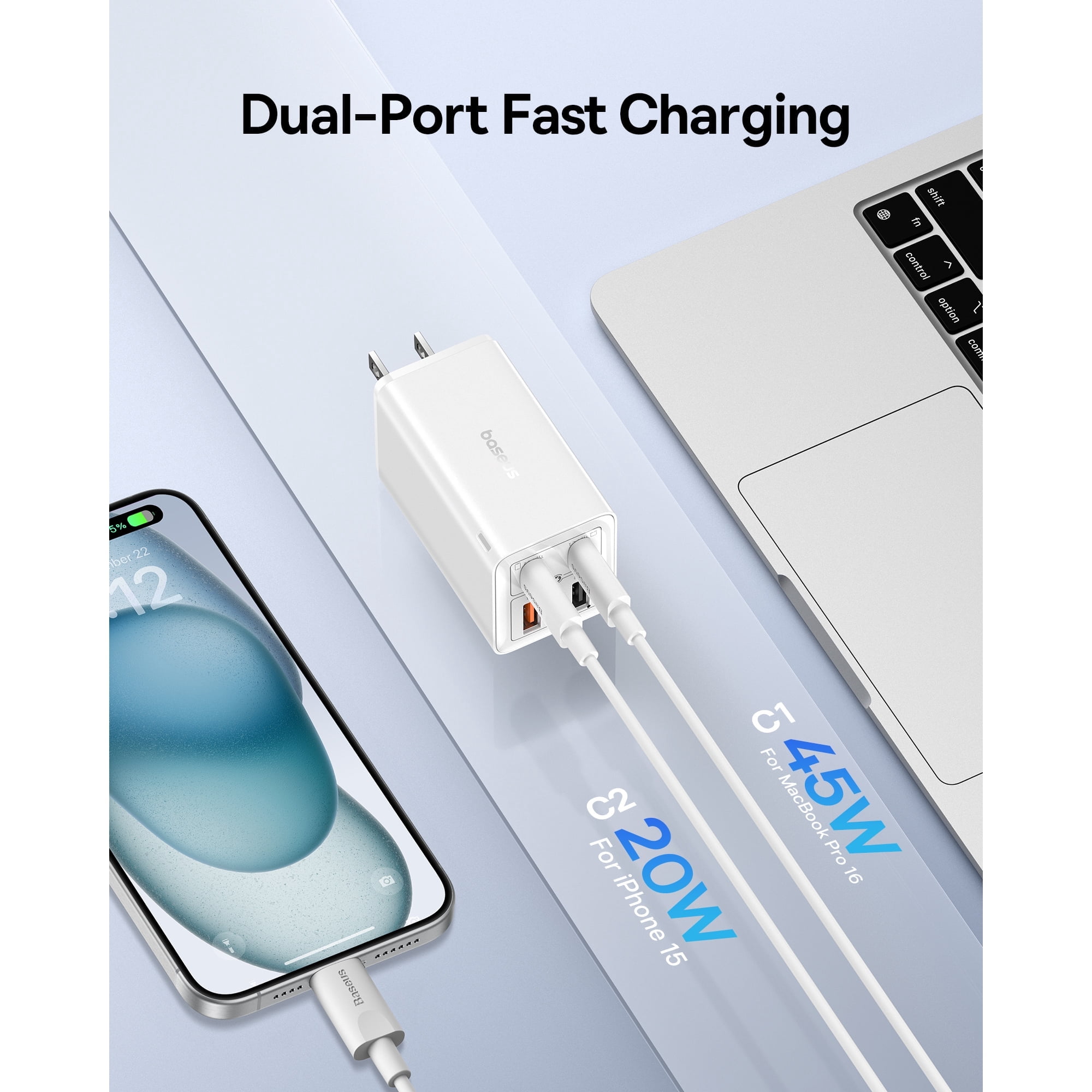 Baseus USB C Charger, 65W Wall Charger with USB C Cable, Fast Charging 4-Port USB Charger, White