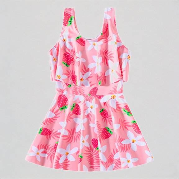 REDARER Girls One Piece Swimsuit: Cut Out Design, Strawberry Floral Print, Summer Casual Beach Sport Bathing Swimwear,5-6 Years