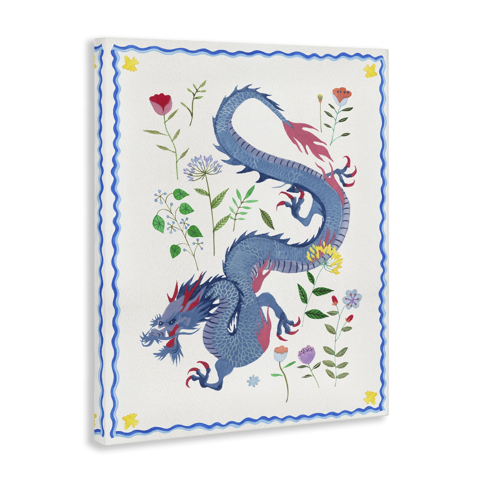 Stupell Industries Blue Dragon & Botanicals Fantasy & Sci-Fi Painting Wrapped Canvas Art Print Wall Art, 16 x 20
