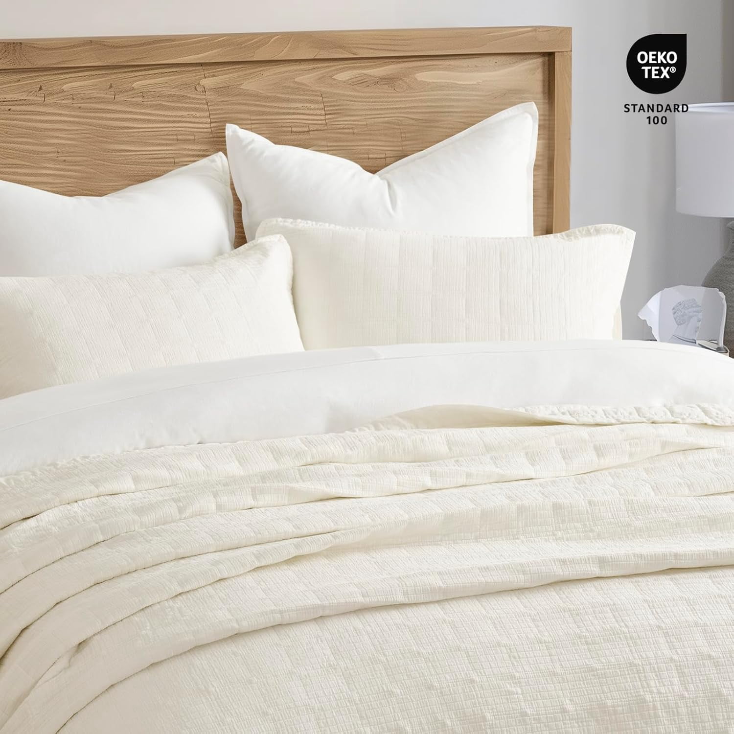 EVERGRACE Stonewashed Cotton Quilt Set King Size, Ultra Soft Oversized Bedspread Coverlet Set, Lightweight Crinkle Box Stitch Bedding Sets for All Season, with 2 Shams, Ivory White