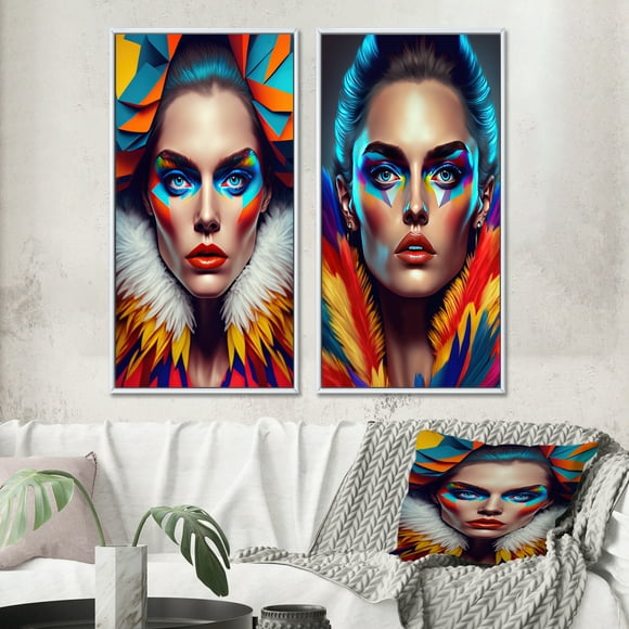 Designart "Vibrant Sensual Woman in Fur I" Woman Sensual Framed Wall Art Set Of 2 - Multicolor Fashion Framed Canvas Set For Living Room Decor