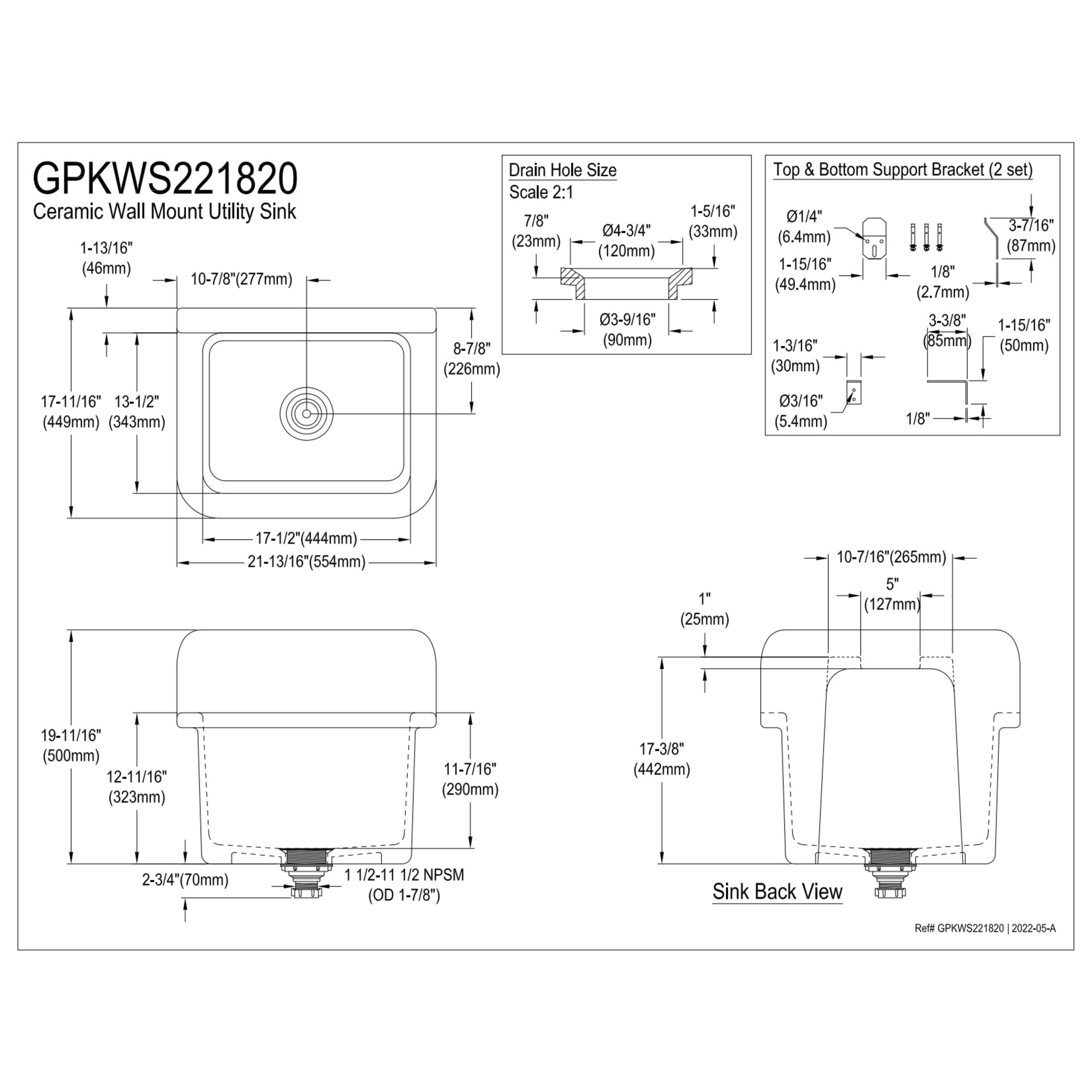 Gourmetier GPKWS221820 Persepolis Galley 22-Inch Ceramic Single Bowl Wall Mount Kitchen Sink with Strainer in White