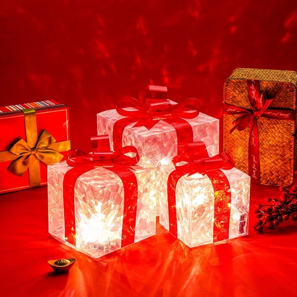 cajas decorativas para exterior e interior, cajas de regalo iluminadas, decoración navideña, caja de regalo iluminada, adorno navideño