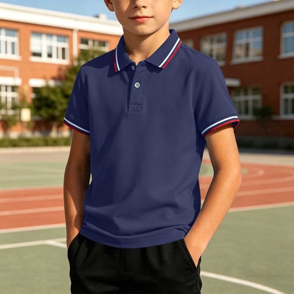 Oiangi Button Up Shirt for Boy Short Sleeve Lapel Shirt Comfy Dress School Uniform Navy M