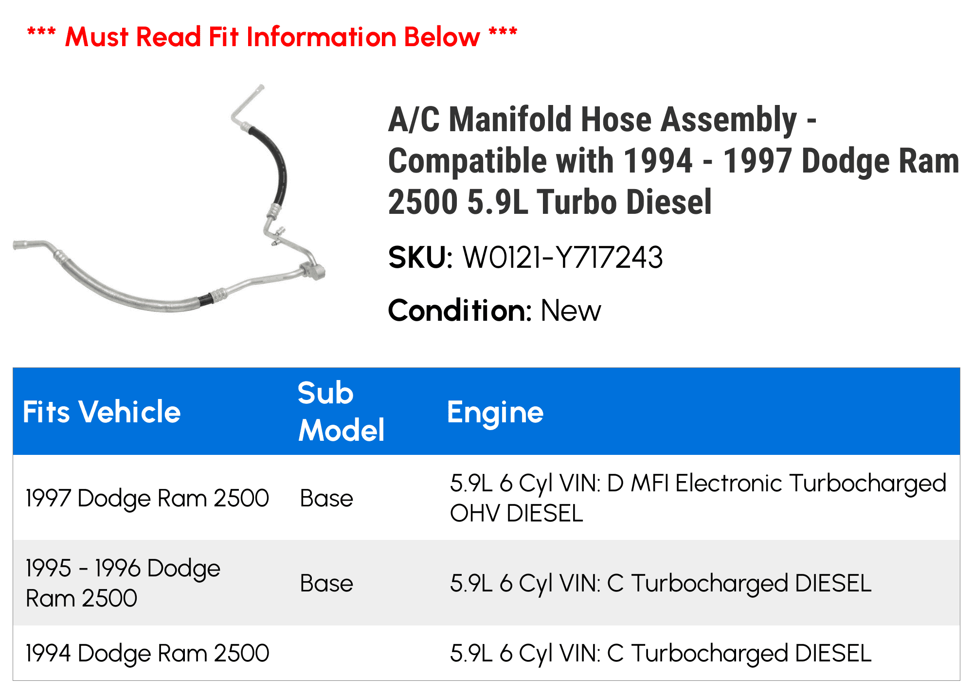 5.9L Replacement A/C Manifold Hose Assembly Fits Dodge Ram 