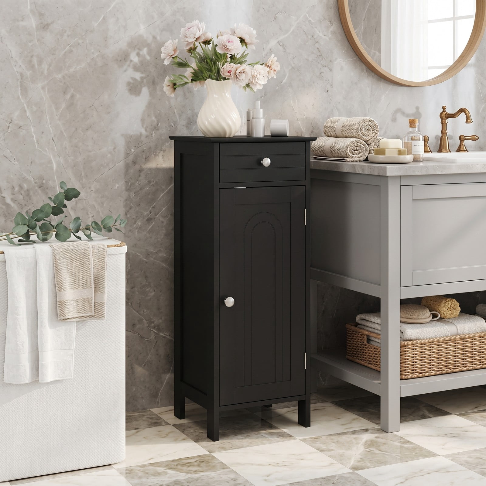 Fenbeli Free-Standing Wooden Storage Cabinet, Narrow Bathroom Floor Organizer with Drawer and 2 Adjustable Shelves, Slim Side Cabinet for Living Room Bedroom, Black