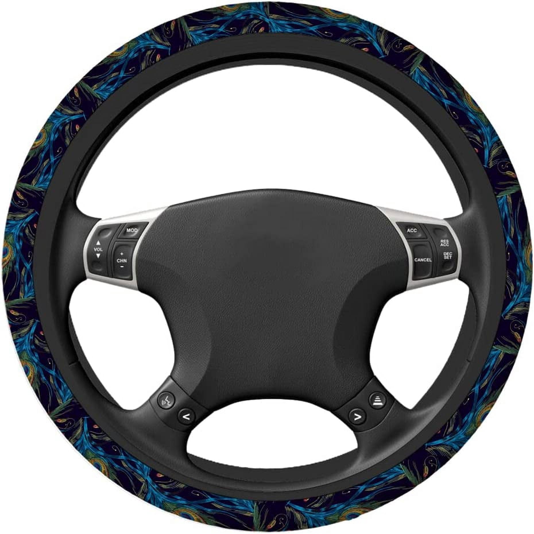 Peacock Feather Steering Wheel Cushion Case Beautiful Blue and Green Peacock Feathers Neoprene Car Steering Wheel Covers 15 Inch Anti Slip Compatible Auto Car Wrap Cover for Men Women