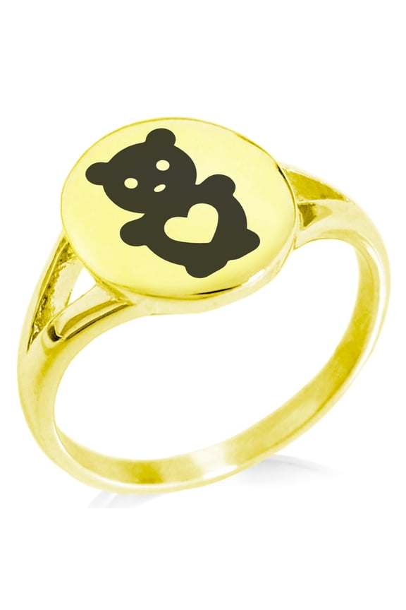 Stainless Steel Teddy Bear Love Minimalist Oval Top Polished Statement Ring