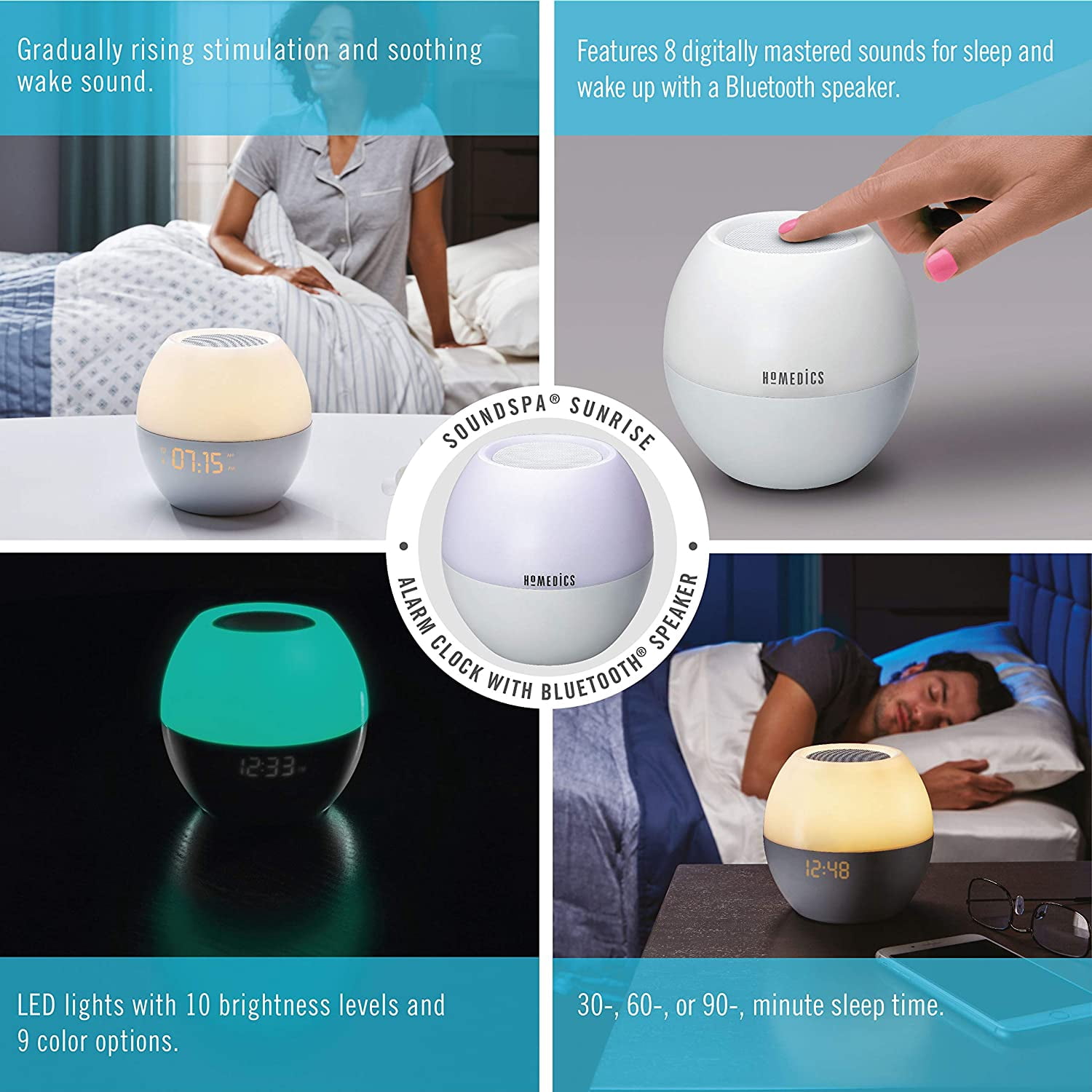 Homedics Sunrise Sound Spa, Sound Mixer Sound Machine and White Noise Machine with a Sunrise Alarm Clock, Bluetooth Speaker, Night Light with 7 Colors and Auto-Shut Off for Infants and Adults