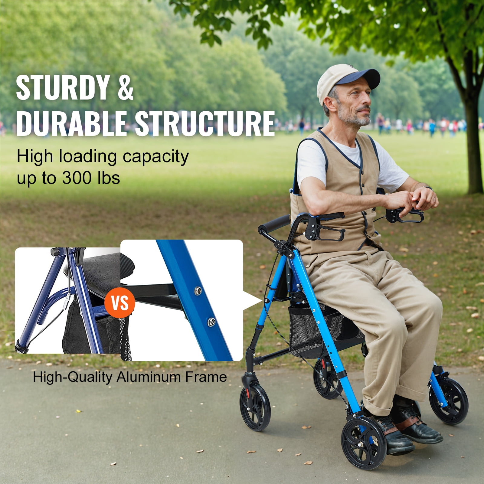 KFFKFF Rollator Walker With Seat, Aluminum Rolling Walker, Height Adjustable, 8" All Terrain Wheels, Foldable Design, 300 LBS Weight Capacity