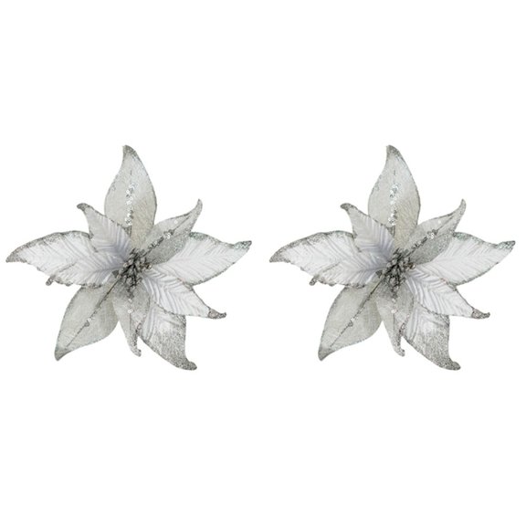 Christmas Tree Poinsettia Ornament 25cm Glitter Mesh Flower Decoration, Set of 2 - Festive Holiday Decor for Home, Party, Wedding (Red, White, Champagne, Green, Pink)