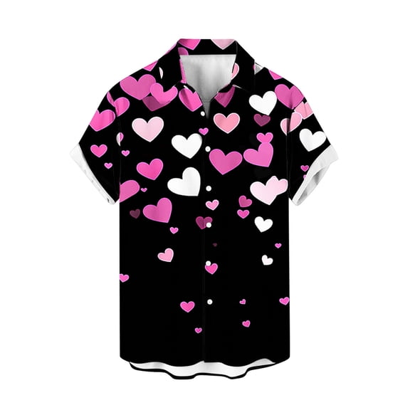Men's Valentine's Day T-Shirt Short Sleeve Casual Cuba Beach Summer Button Up Lapel Shirts,Valentine's Day Gift for Him Hot Pink