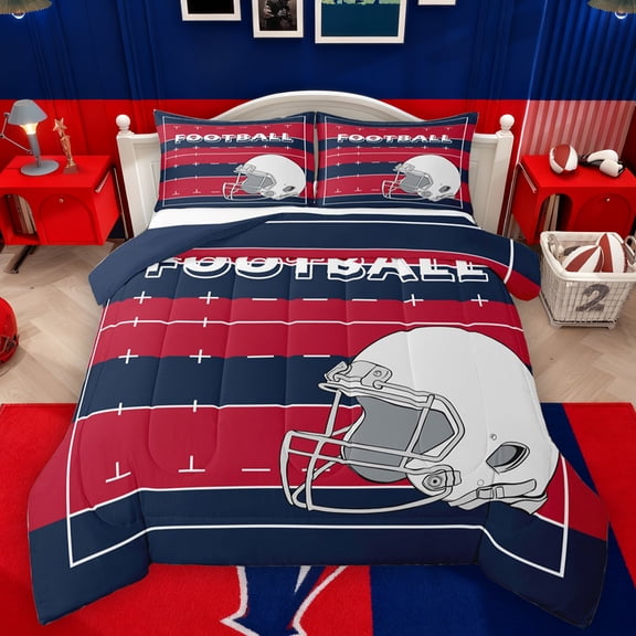 Feelyou Rugby Sport Player Bedding Comforter Set for Teens, Red Navy Cartoon Twin Comforter Sets, Football Soccer Theme Reversible Bedding Set, Luxury Bedroom Decor, 2-Piece