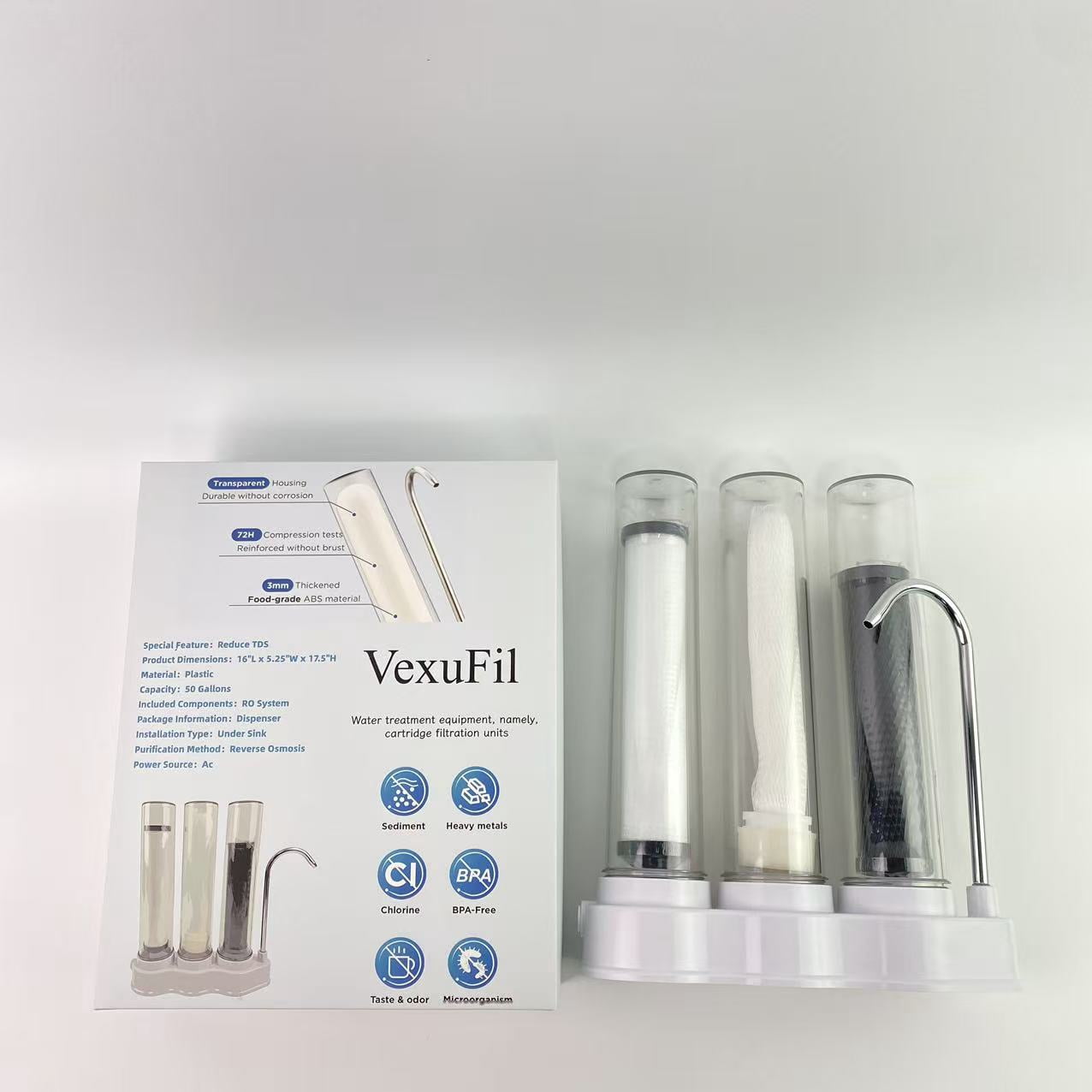 VexuFil Water treatment equipment, namely, cartridge filtration units, High Capacity Under Sink 5-Stage Reverse Osmosis Water Filter, Drinking System, Brushed Nickel Faucet