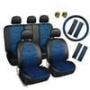 Leader Accessories 17 pcs Combo Pack Auto Car Front and Rear Seat Covers Set with Airbag Black/Blue,Jacquard II  Design Universal Fit for Truck SUV Include Wheel Cover / Seatbelt Covers