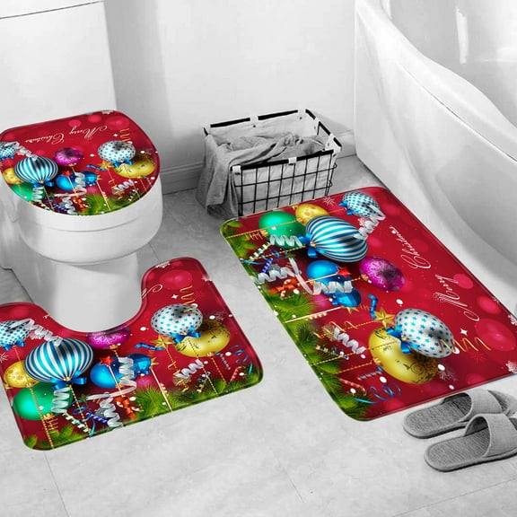 Christmas Toilet Seat Cover and Rug Set of 3,Christmas Bathroom Curtain Floor Mat Set,Bathroom Colorful Christmas Ball Digital Printing Bathroom Water Proofing Curtain Toilet Floor Mat Set with Hooks