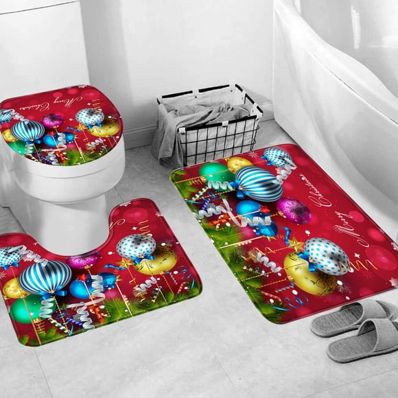 PEONAVET Flannel Shower Curtain Christmas Bathroom Curtain Floor Mat Set Bathroom Colorful Christmas Ball Digital Printing Bathroom Water Proofing Curtain Toilet Floor Mat Set with Hooks