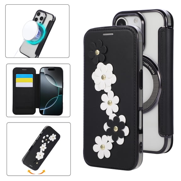 Eombossed Floral Flip Case for iPhone 13 Pro Max, Case Wallet PU Leather with Card Holder RFID Blocking Compatible with MagSafe Protection Clear Back Shockproof Cover for iPhone 13 Pro Max, Black