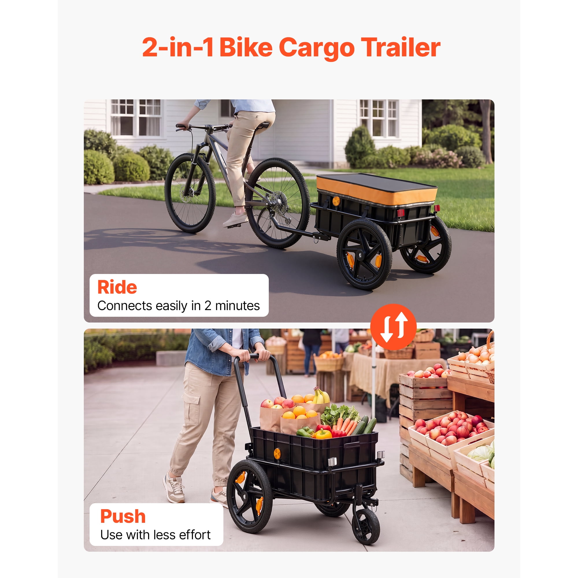 KFFKFF Bike Cargo Trailer 100 lbs 2-in-1 Pushcart Durable Bicycle Wagon, Cart with Weatherproof Cover, 7 in & 16 in Wheels, Reflector, Sturdy Steel Frame, Compatible with 22-28 in Bike Wheels