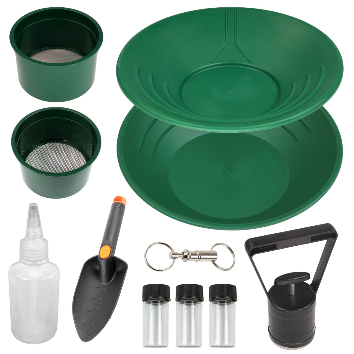 10" & 14" Green Plastic Gold Pans, Sifting Pans, Sniffer Bottle, Trowel