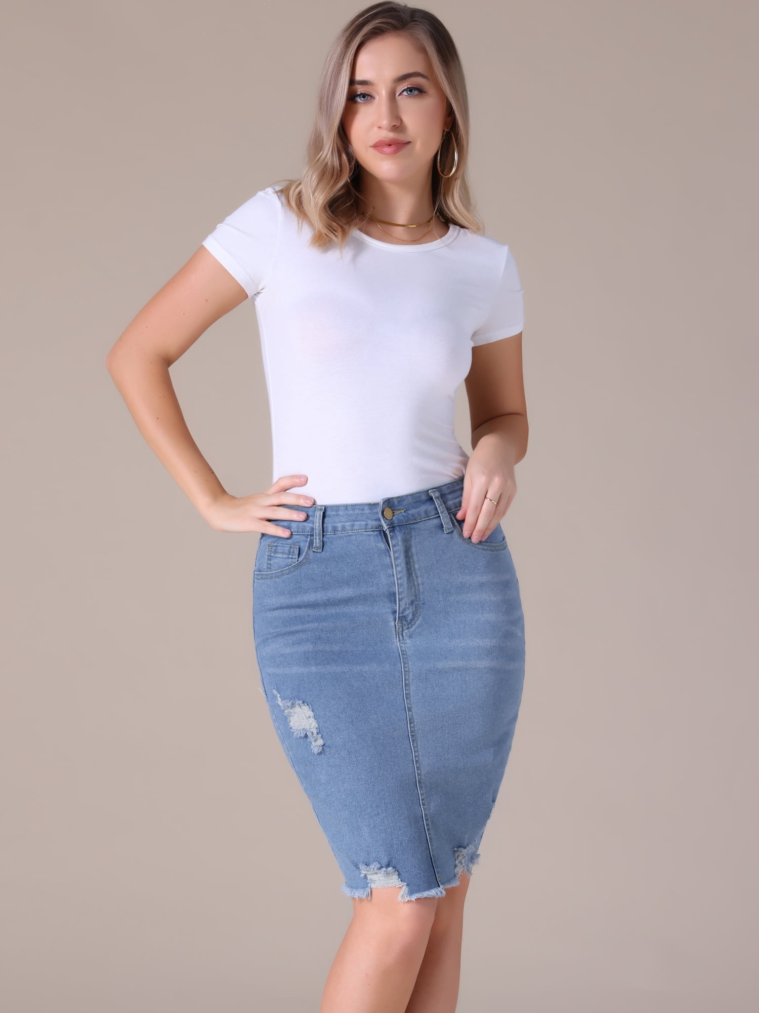 DARING DIVA Women's Denim Above the Knee Pencil Skirt XL Light Blue