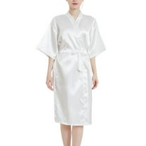 Defitshape Women's Satin Robe Short Sleeve Bathrobe Knee Length Lightweight Wedding Soft V Neck Bride Silky Sleepwear White Small
