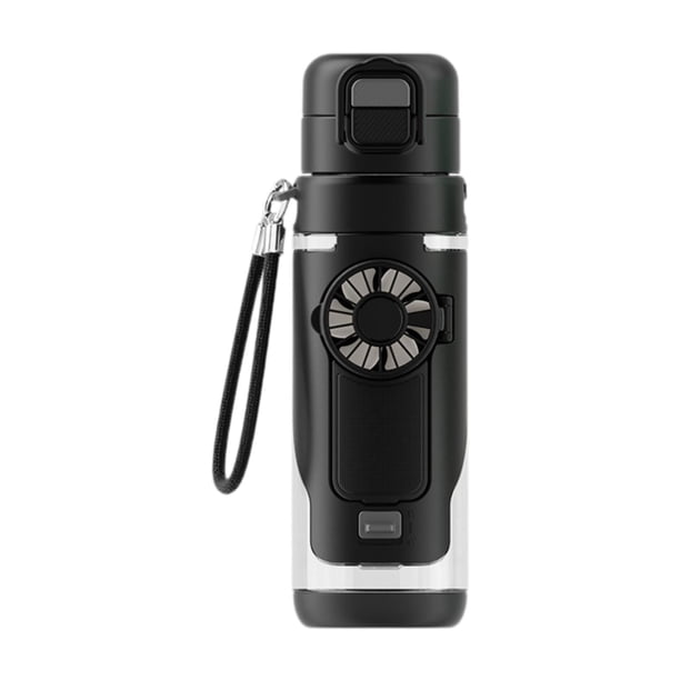 Botella de agua deportiva con ventilador extraíble para deportes al aire libre, camping y oficina. negro