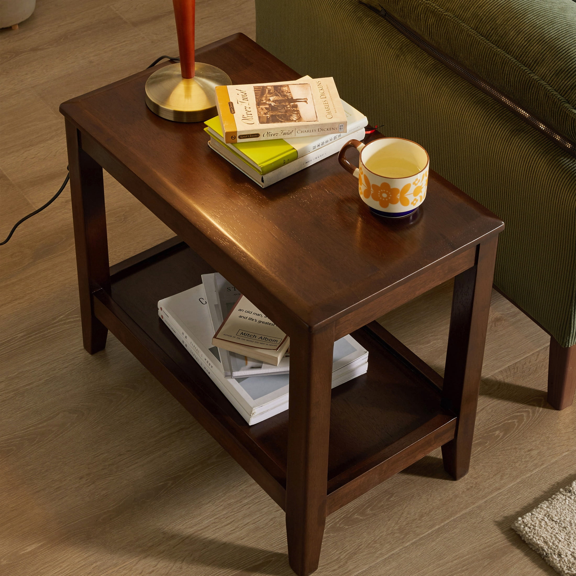 Noble House Side Table with 2-Tier Storage Shelf, Rustic End Table for Living Room, Bedroom, Walnut