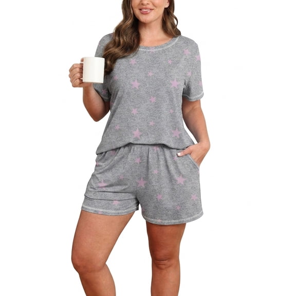 SHOWMALL Pajamas for Plus Women 2 Piece Short Sleeve Tops and Shorts Lounge Set Soft Sleepwear with Pockets Pink Stars 3X