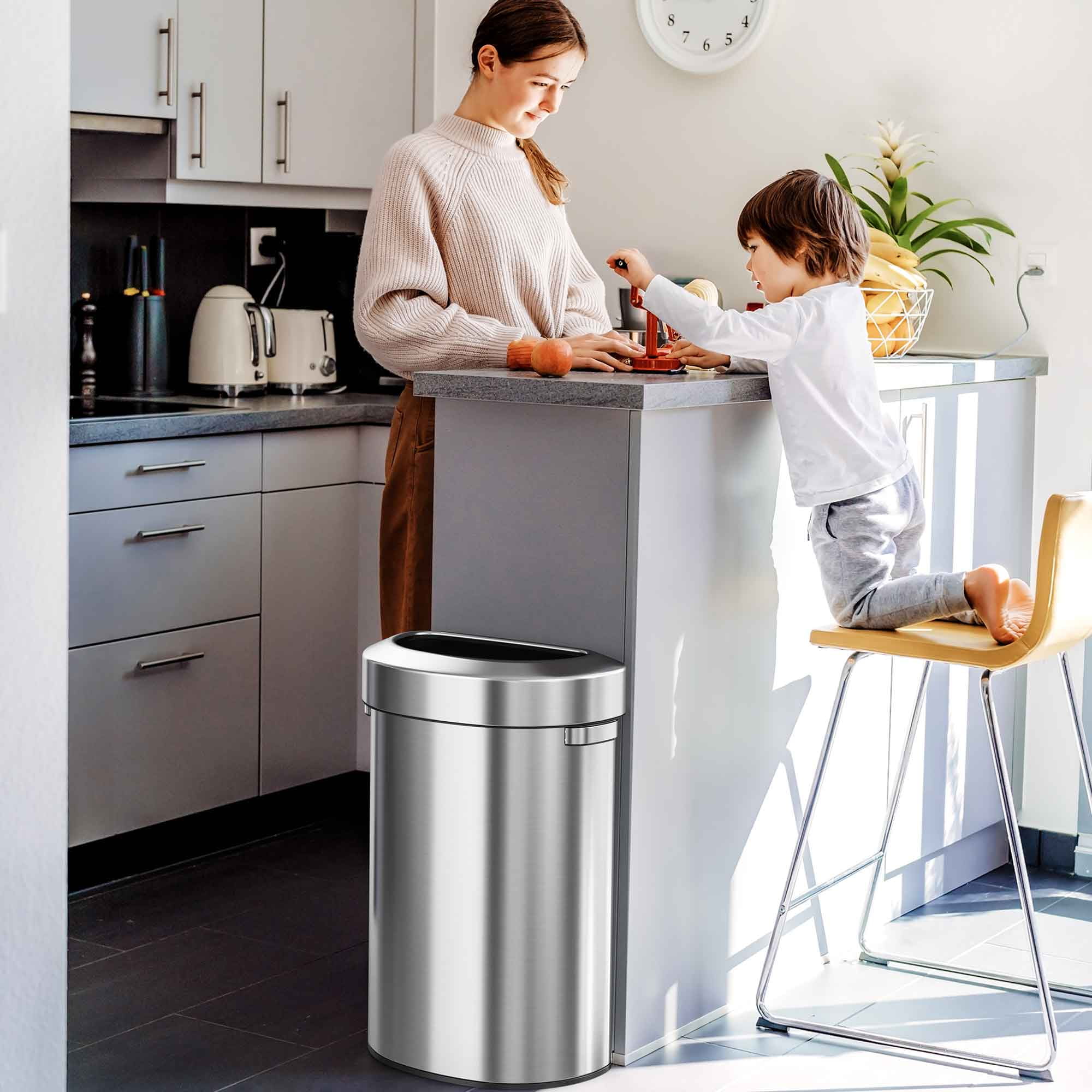 iTouchless 23 Gallon Semi-Round Stainless Steel Open Top Trash Can and Recycle Bin, 87 Liter, Slim and Space-Saving Design for Home, Office, Kitchen, Restaurant, Restroom, Large Capacity