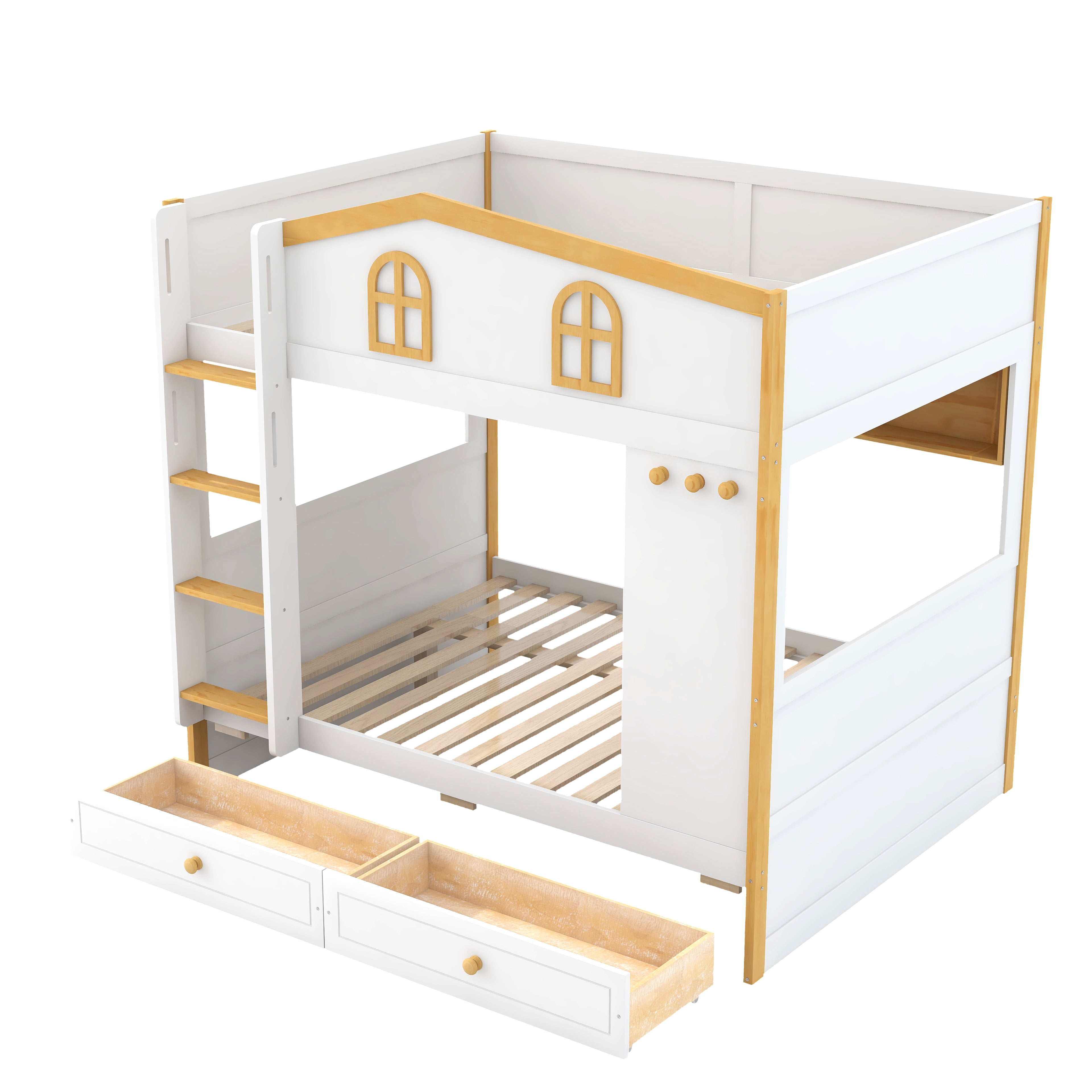 Euroco Wood Full over Full Bunk Bed with Shelves and Drawers, House Bed with Guardrails, White