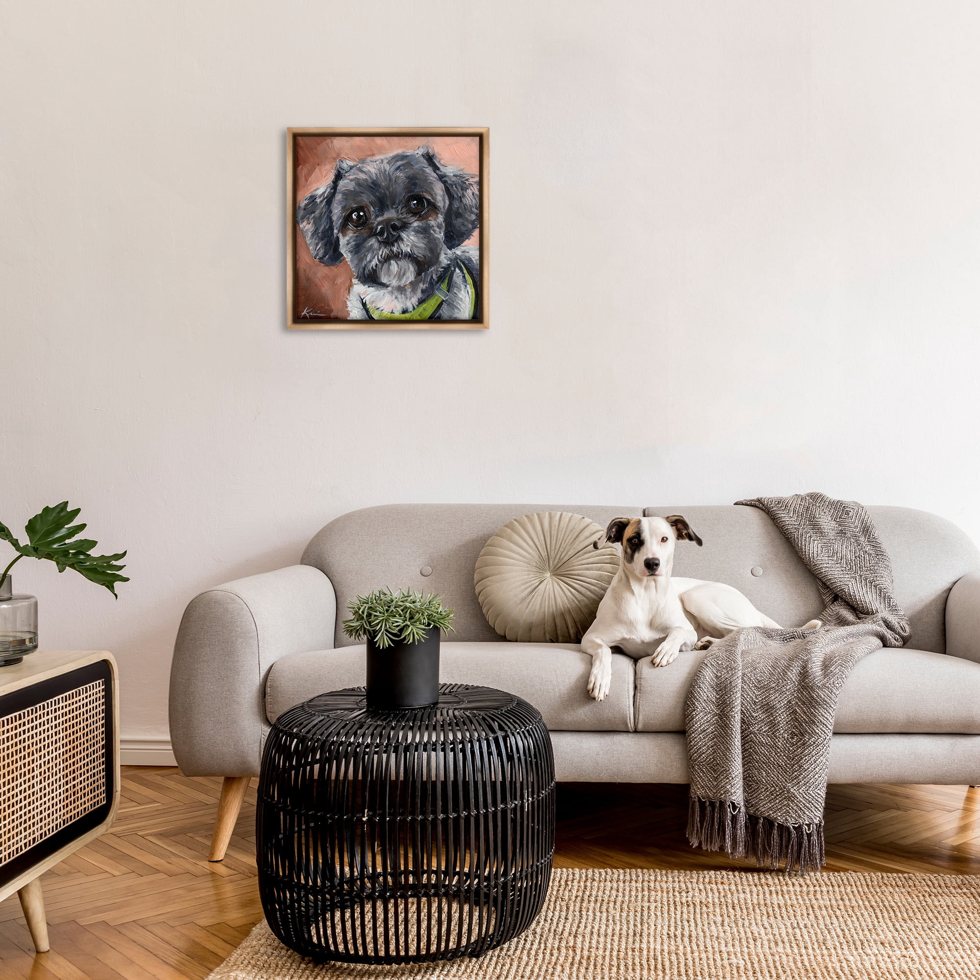 Stupell Industries Black Shih Tzu Dog Portrait Animals & Insects Painting Brown Floater Framed Canvas Art Print Wall Art, 25 x 25
