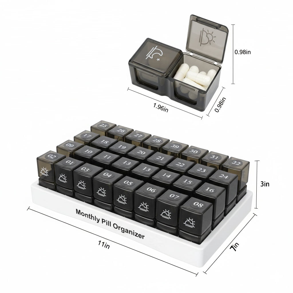 31 Day Monthly Medicine Organizer,  Monthly Pill Storage Box - Am/Pm Daily Pill Storage Box, 32 compartments per day, pill dispenser and dispenser box help you organize your life,