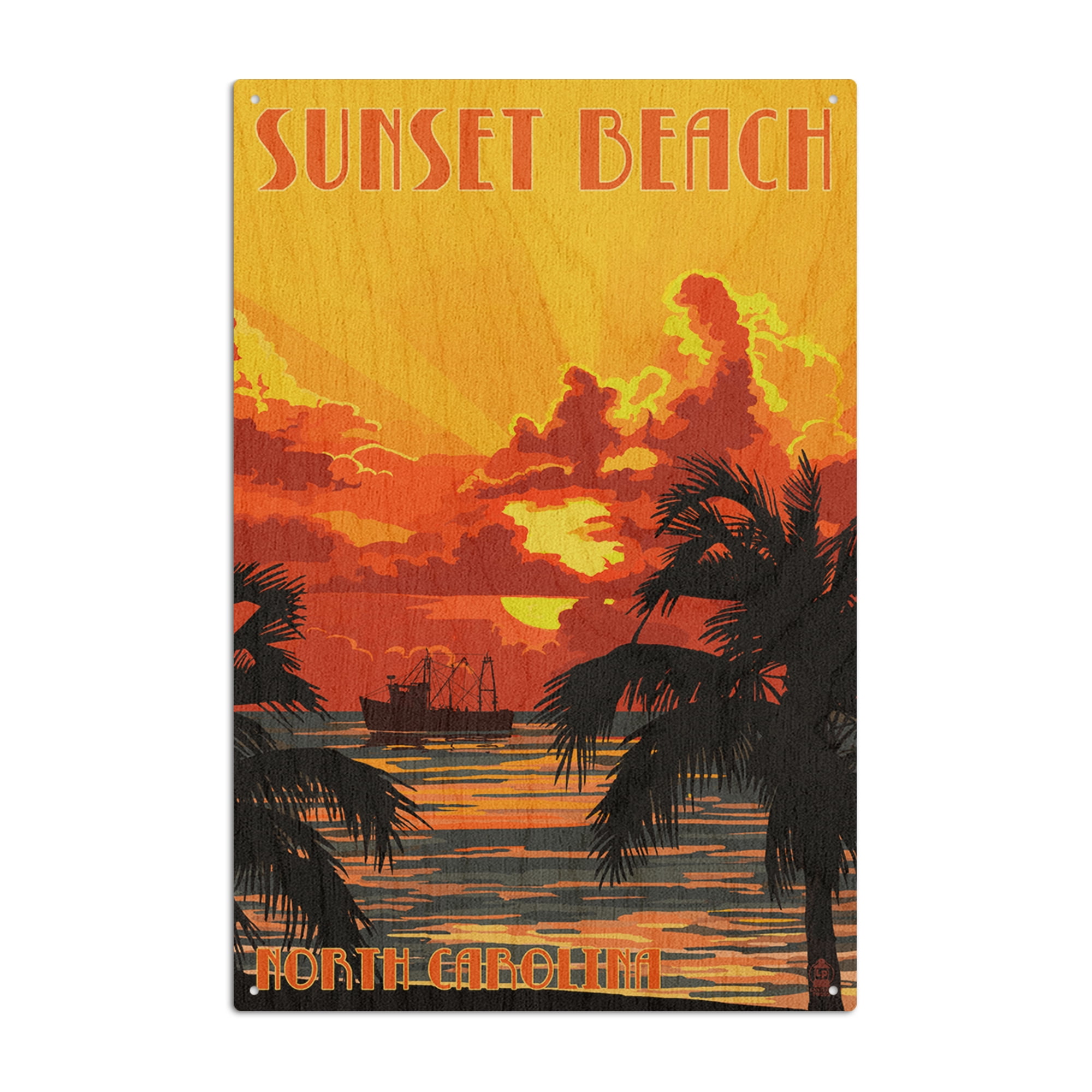 Sunset Beach, North Carolina, Sunset and Ship Birch Wood Wall Sign (6x9 ...