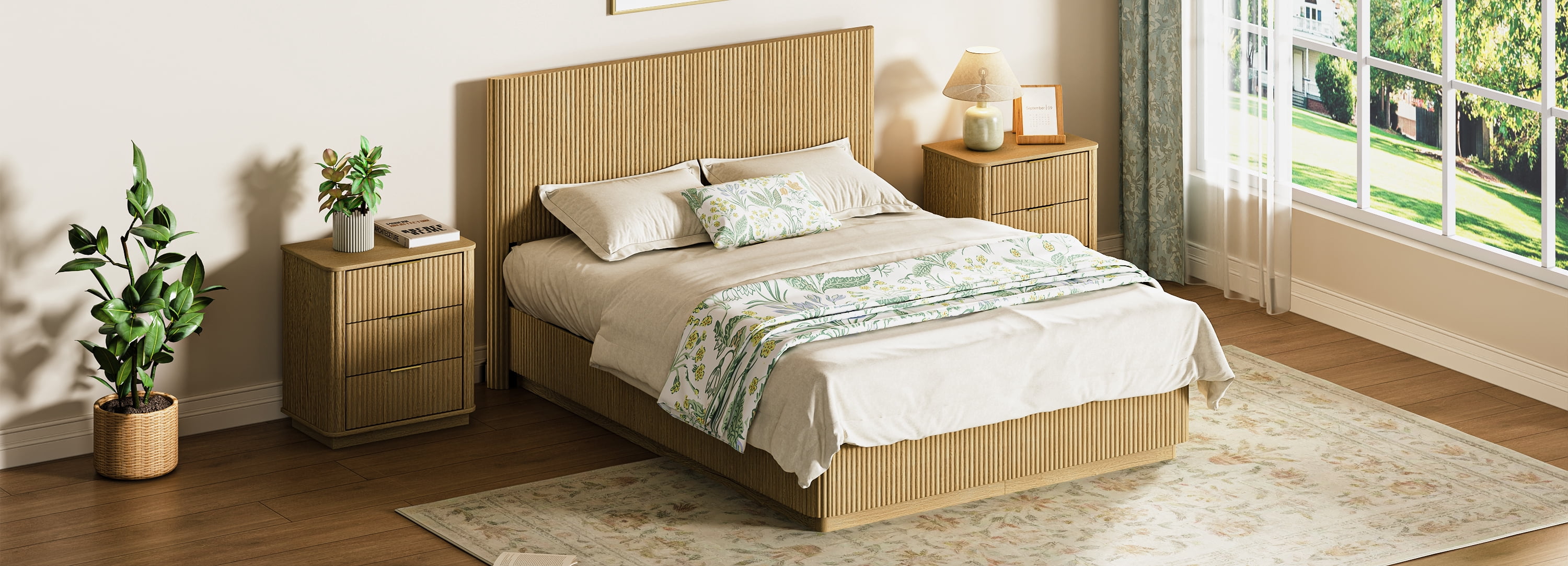 Sailvan Queen Bed Frame with LED Lights and Corrugated Curved Design