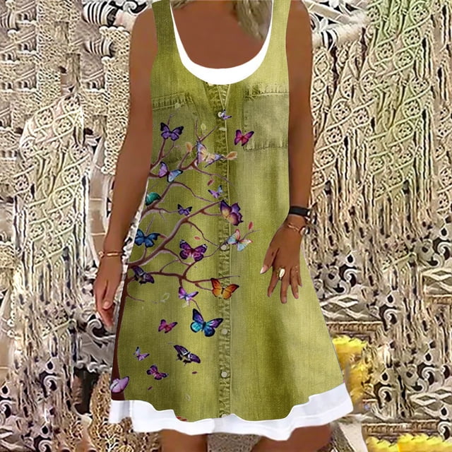 Women's A-Line Dress Sleeveless Spring Summer Casual Patchwork Print Knee Length Dress Fashion 3D Printing Denim Print Dress5XL Gao Jinjia LED