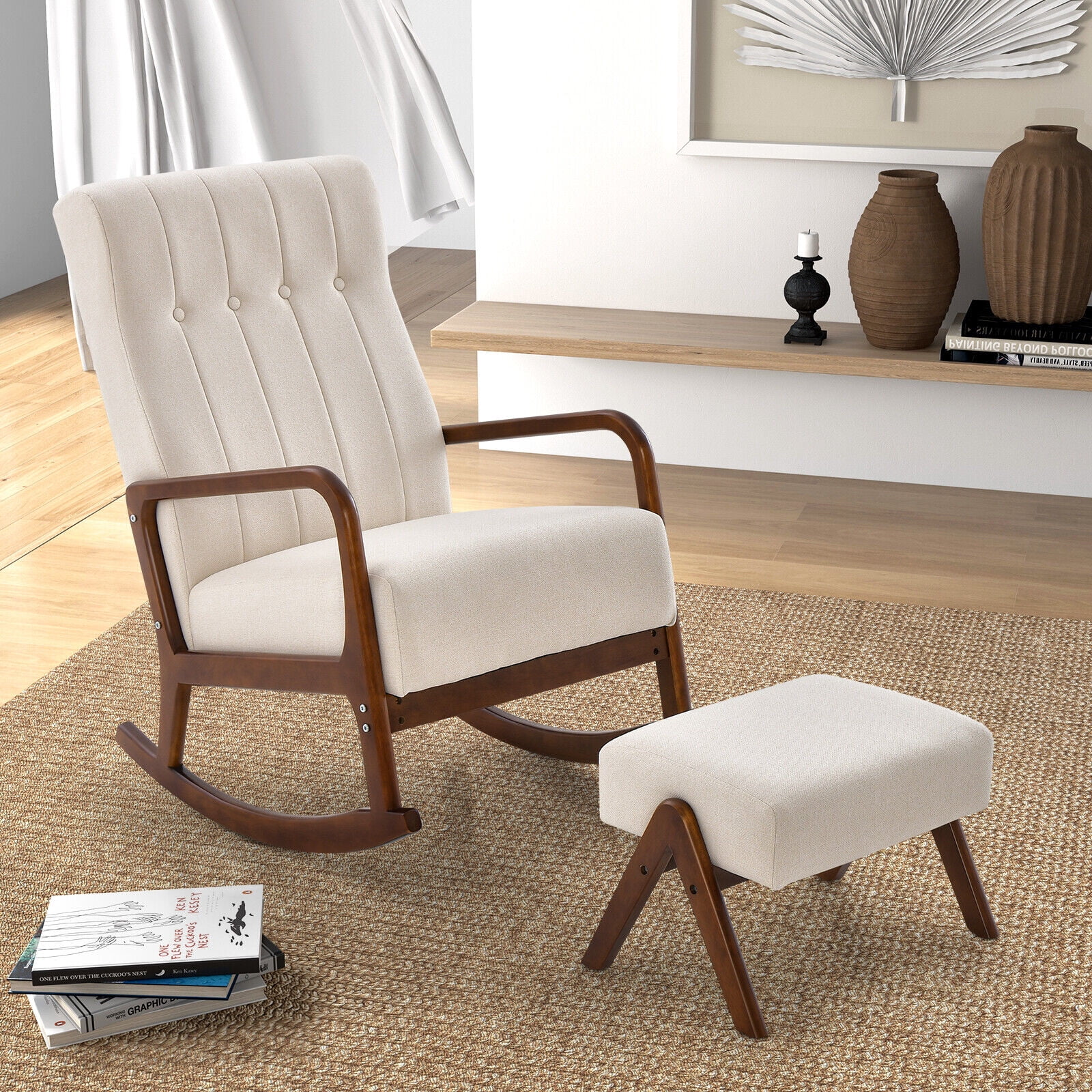 Amijoy Nursery Rocking Chair w/ Ottoman, Upholstered Rocker Chair w/ Footrest, Stable Rubber Frame & Tufted Backrest, Modern Rocking Chairs