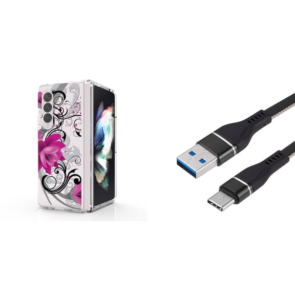 Accessory Bundle for Galaxy Z Fold 4: Slim Snap-On Case (Magenta Lotus), Nylon Braided USB-C to USB-A Cable (3 Feet)