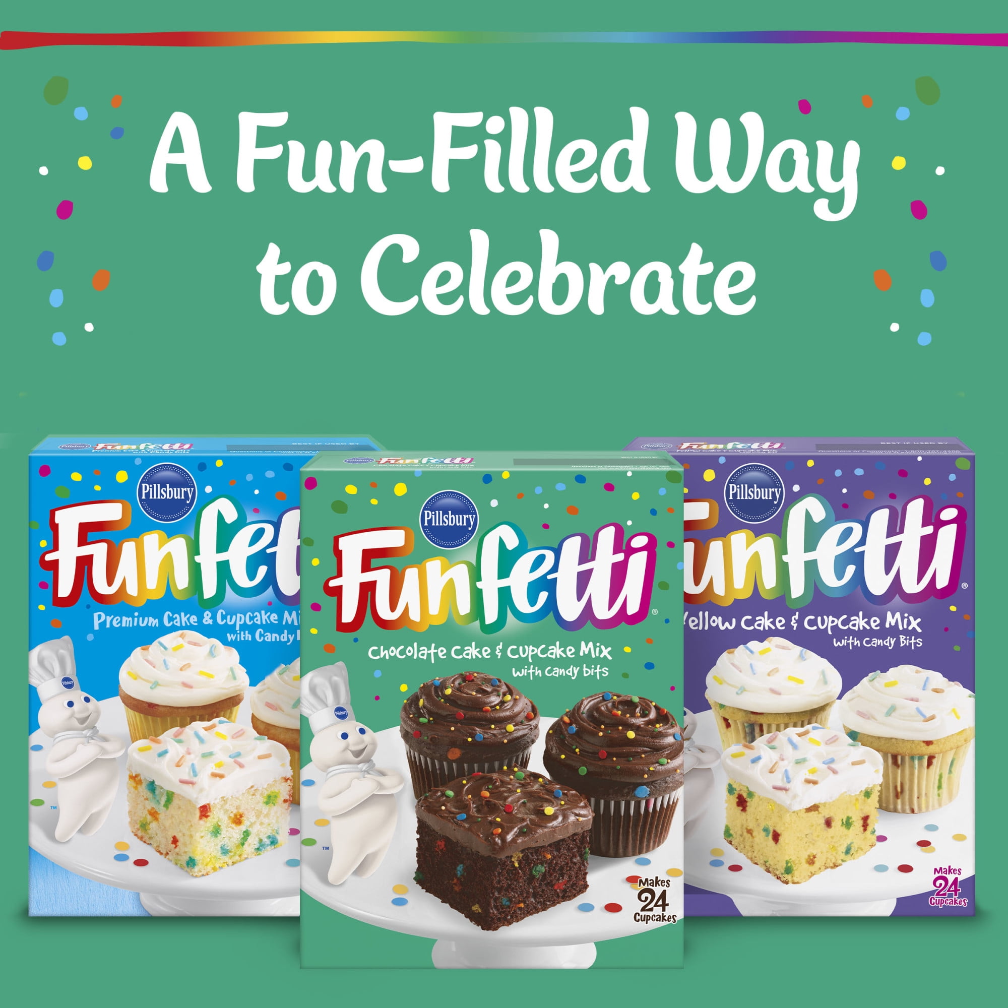 (4 pack) Pillsbury Funfetti Chocolate Cake Mix with Candy Bits, 15.25 oz Box