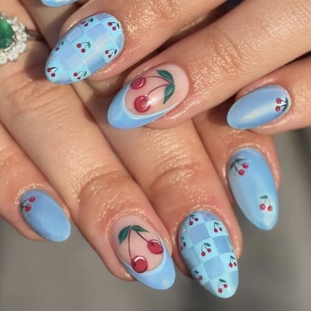 Short almond-shaped nails with blue cherry design, cute false nails, elegant and sweet press-on nails, 24 pieces