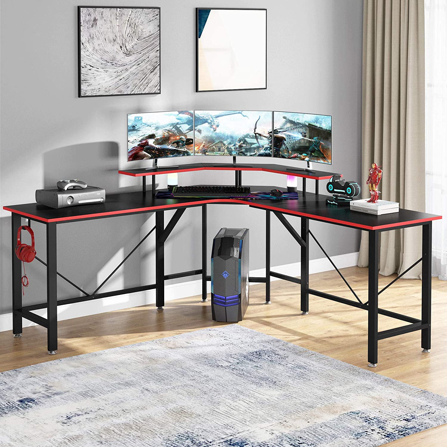 Tribesigns L-Shaped Gaming Office Computer Desk with Monitor Stand& Headset Hook 