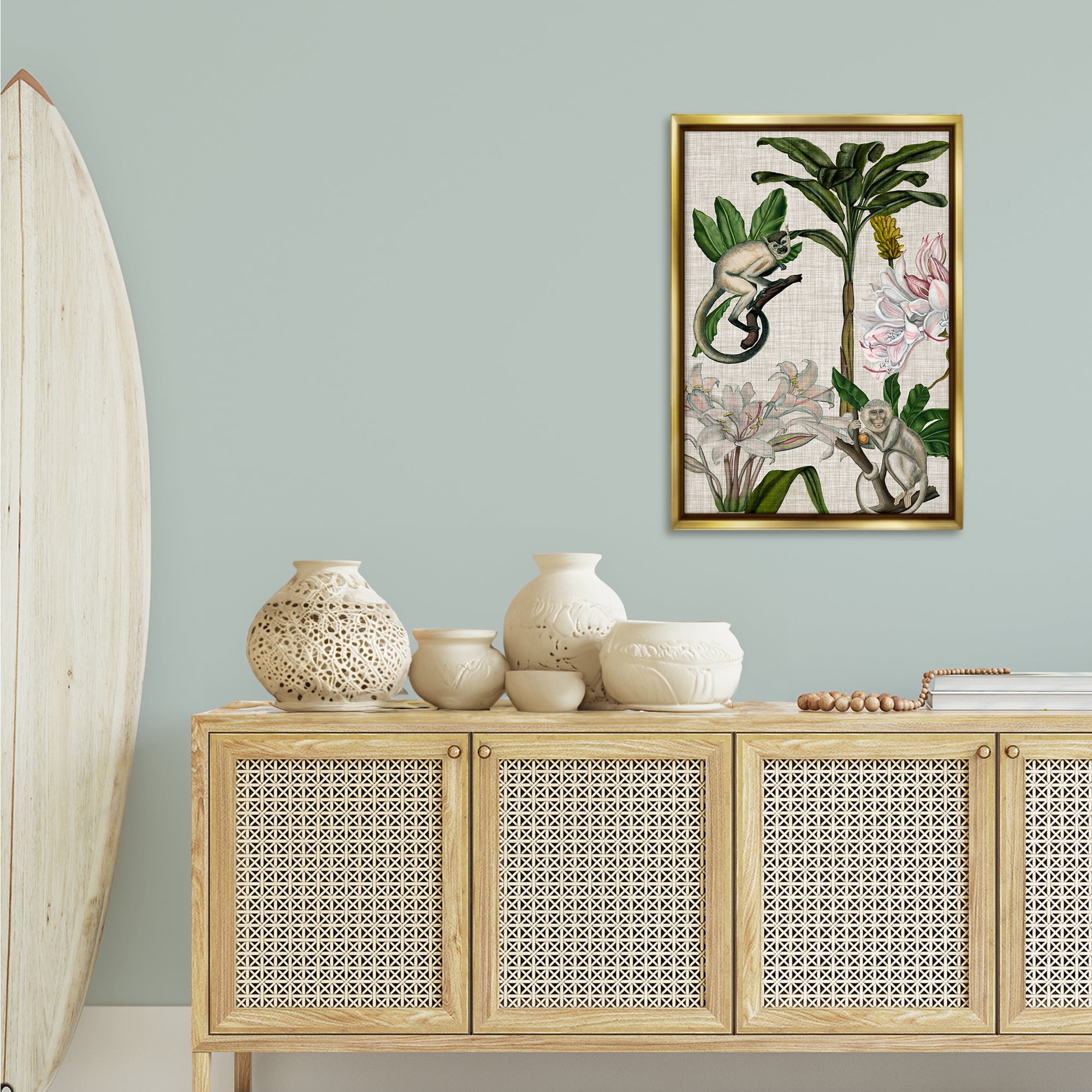 Stupell Industries Vintage Monkey & Plants Plants & Flowers Painting Gold Floater Framed Canvas Art Print Wall Art, 21 x 31