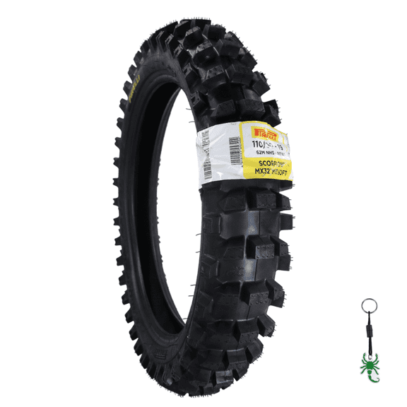 Pirelli Scorpion MX32 Mid Soft 2.0 - 110/90-19 62M Motocross Rear Tire -Bias Tube Type Blackwall - Off-Road Motorcycle Tire for Medium-Soft Terrain with Pirelli Keychain (110-90-19)