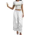 thumbnail image 4 of Fengqque Womens Wide Leg Pants Elastic Waist Drawstring Lace Beach Boho Casual Long Trousers White S(S), 4 of 7