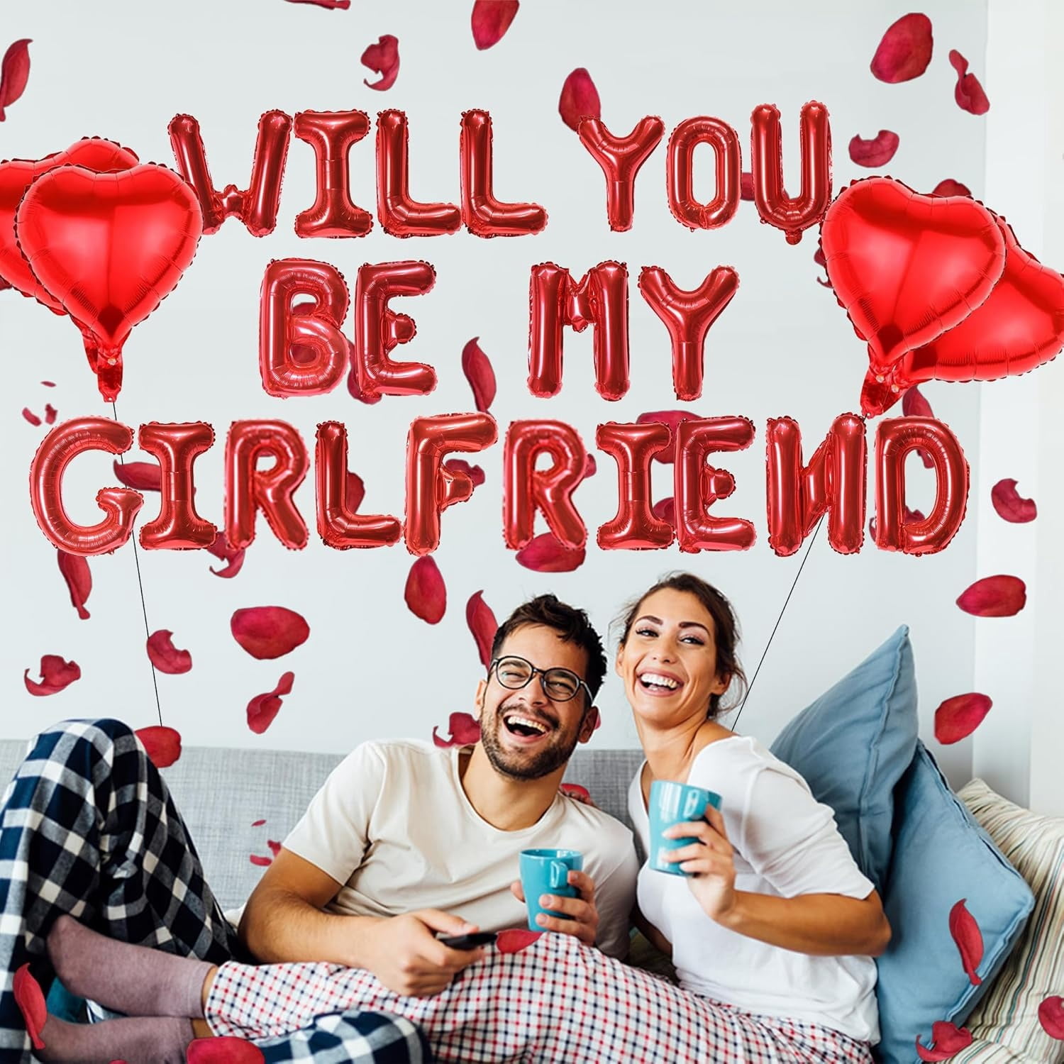 Boriyuan Will You Be My Girlfriend Balloons Set - 16'' Balloon Letters, 18'' Heart Shaped Balloons with 500 Pcs Artificial Rose Petals for Valentine Day Wedding Party Romantic Decorations (Red)
