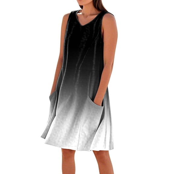 Summer Dresses For Women Loose Beach Vacation Casual Sleeveless V-neck Sundresses With Pockets Tank Dress, Size S-3XL